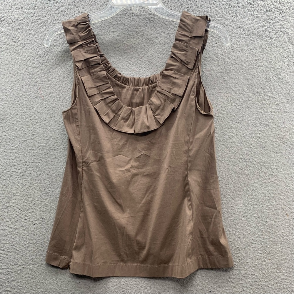 Ann Taylor NWT Top Blouse Women Size 6 Beige Sleeveless Round Neck Ruffle Trim